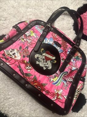 ED HARDY Pink Tattoo-Print Tote with Black Trim